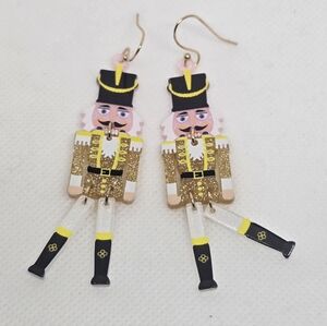 Festive Acrylic Nutcracker soldier Earrings in Gold.